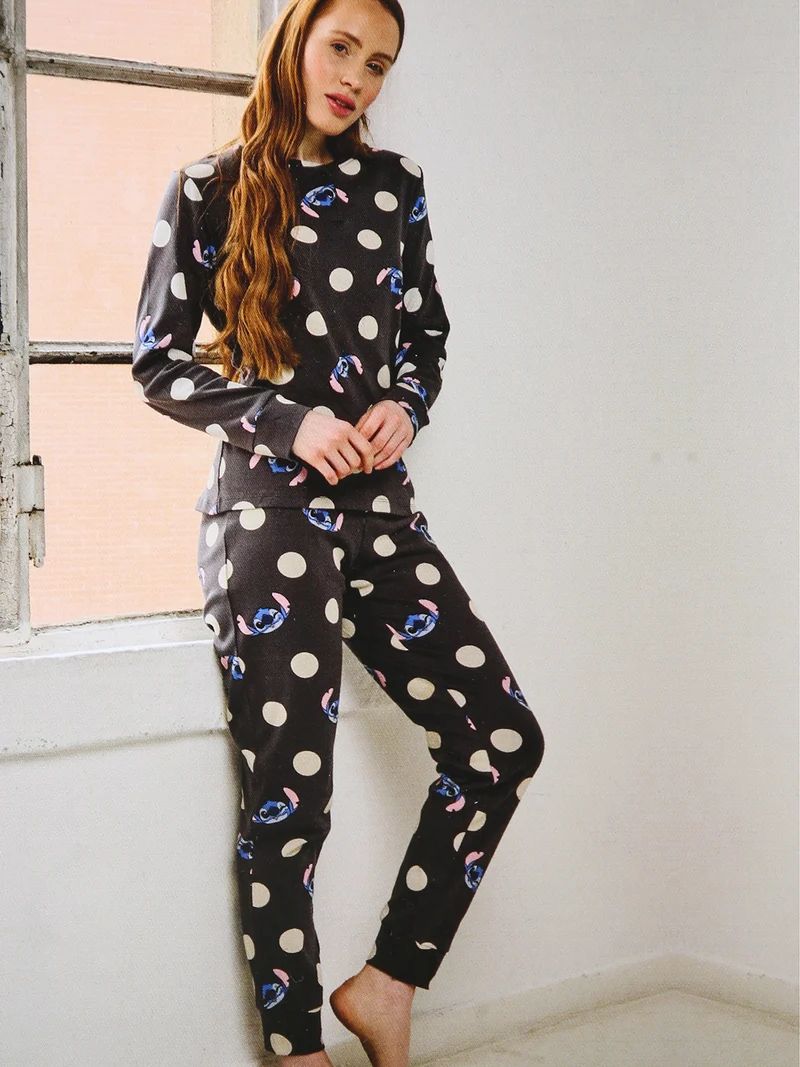 Pigiama lungo da donna in cotone interlock con stampe e pois - antracite