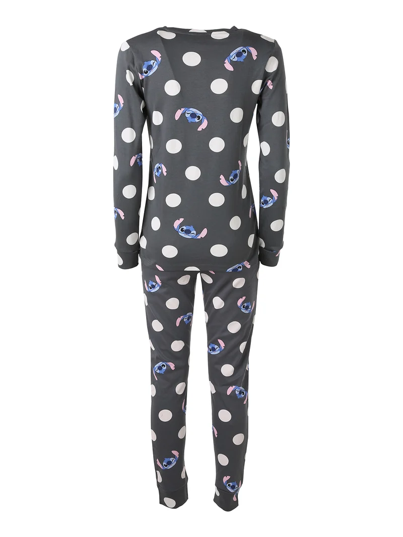 Pigiama lungo da donna in cotone interlock con stampe e pois - antracite
