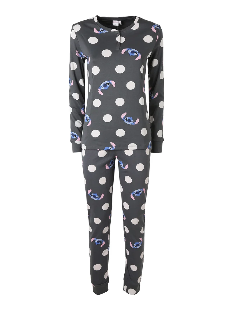 Pigiama lungo da donna in cotone interlock con stampe e pois - antracite