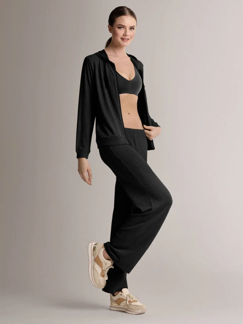 LOUNGE Completo tuta donna in maglia full zip con cappuccio - nero