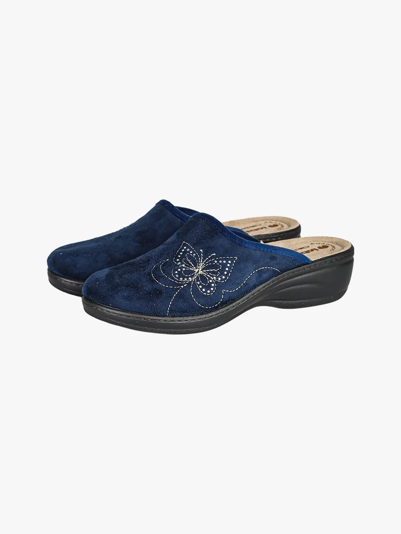 Pantofole donna in velluto con farfalla brillantinata - blu