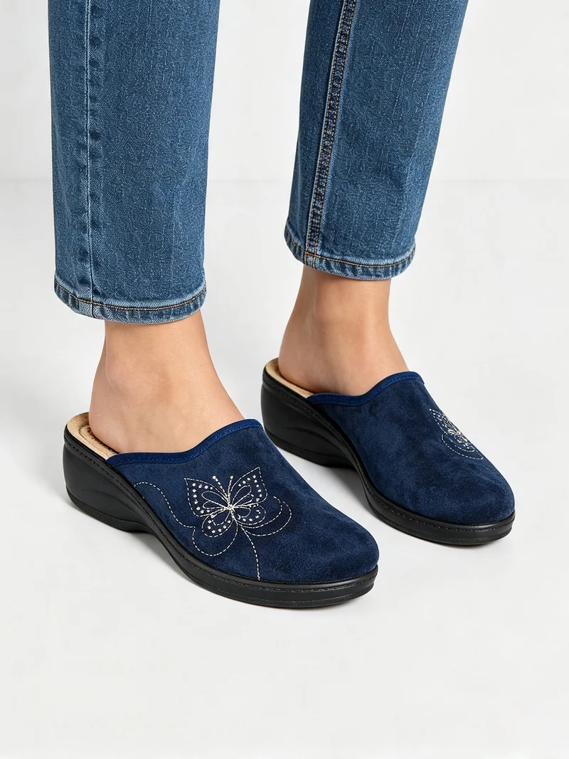 Pantofole donna in velluto con farfalla brillantinata - blu