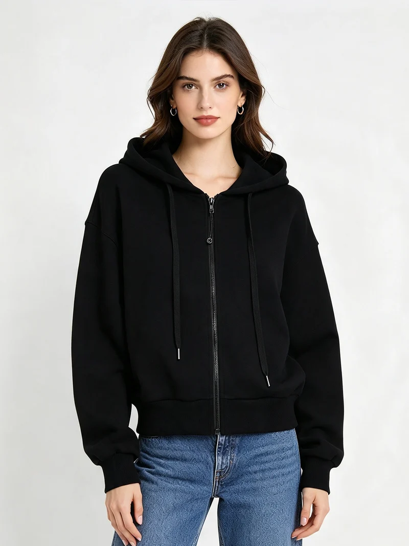 Felpa donna oversize con cappuccio e zip in cotone - nero