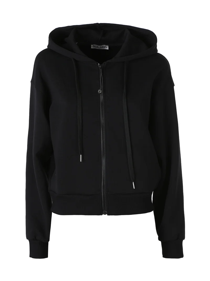 Felpa donna oversize con cappuccio e zip in cotone - nero