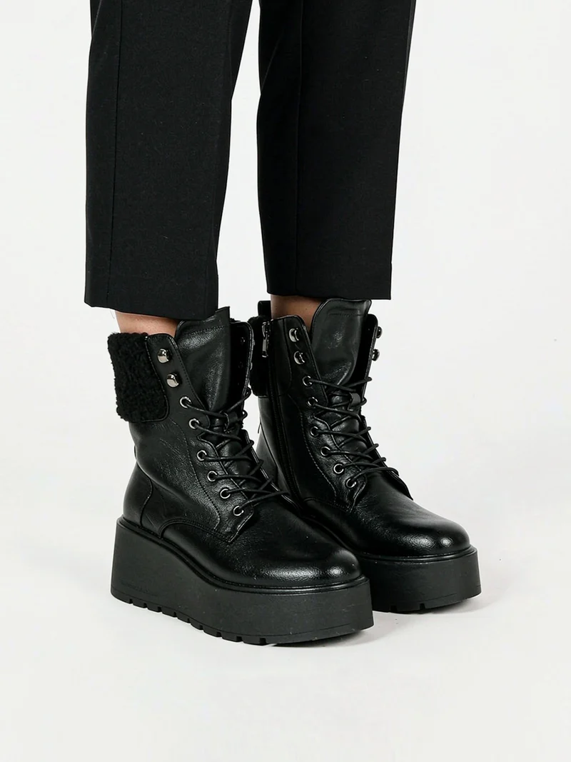 Anfibi donna chunky con dettaglio in ecopelo - nero