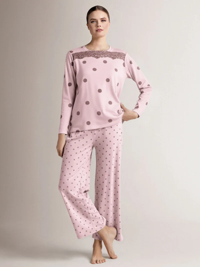 BOLLICINE Pigiama donna in cotone interlock a pois con dettagli in pizzo - rosa