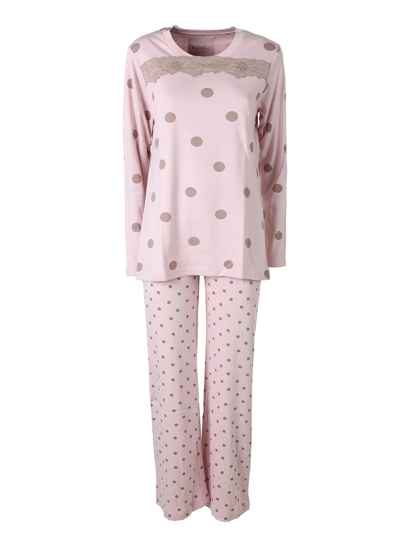BOLLICINE Pigiama donna in cotone interlock a pois con dettagli in pizzo - rosa