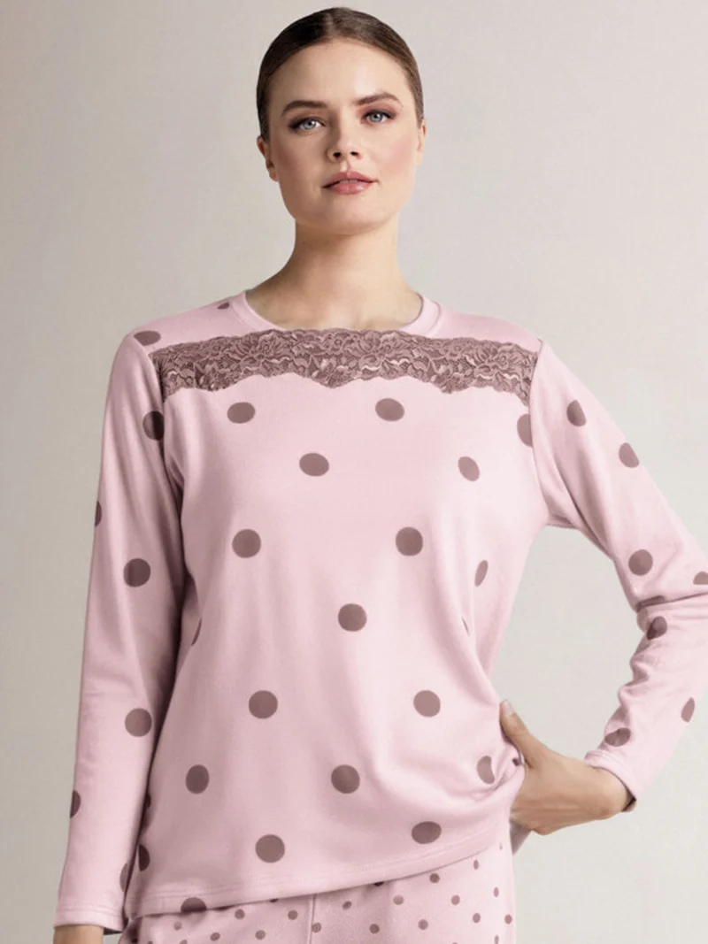 BOLLICINE Pigiama donna in cotone interlock a pois con dettagli in pizzo - rosa