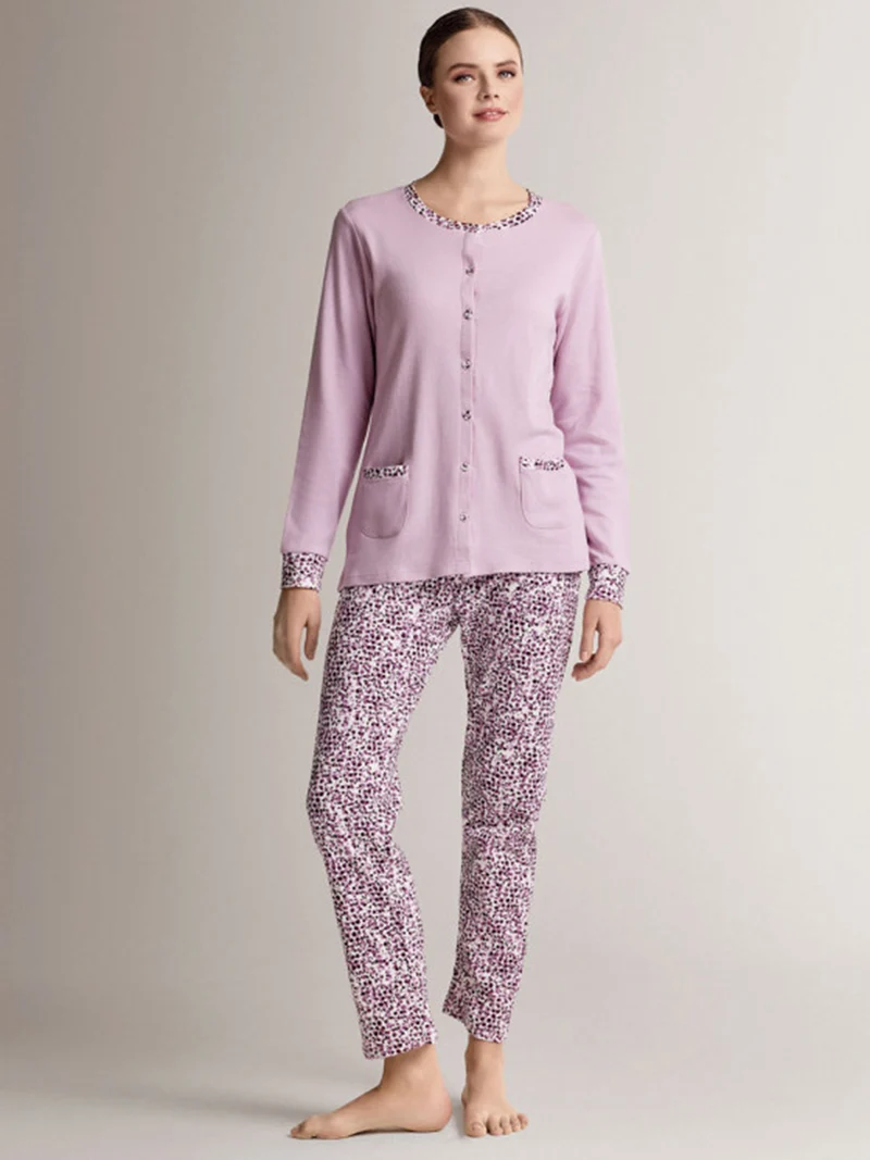 CLUB Pigiama aperto da donna con bottoni e pantaloni con stampe - rosa