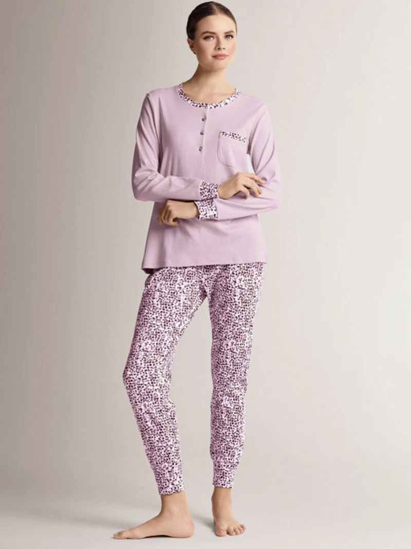 CLUB Pigiama donna in cotone interlock con taschino e pantaloni con stampe - rosa