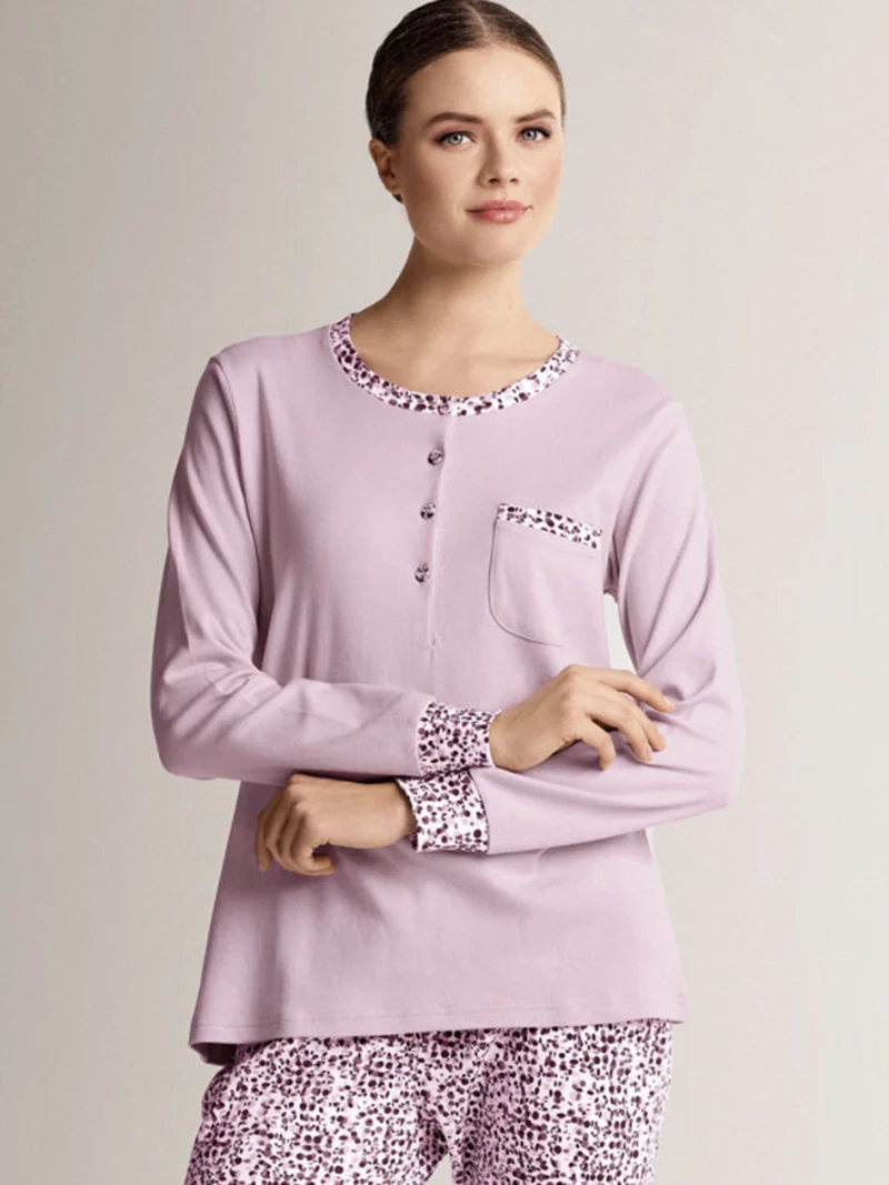 CLUB Pigiama donna in cotone interlock con taschino e pantaloni con stampe - rosa