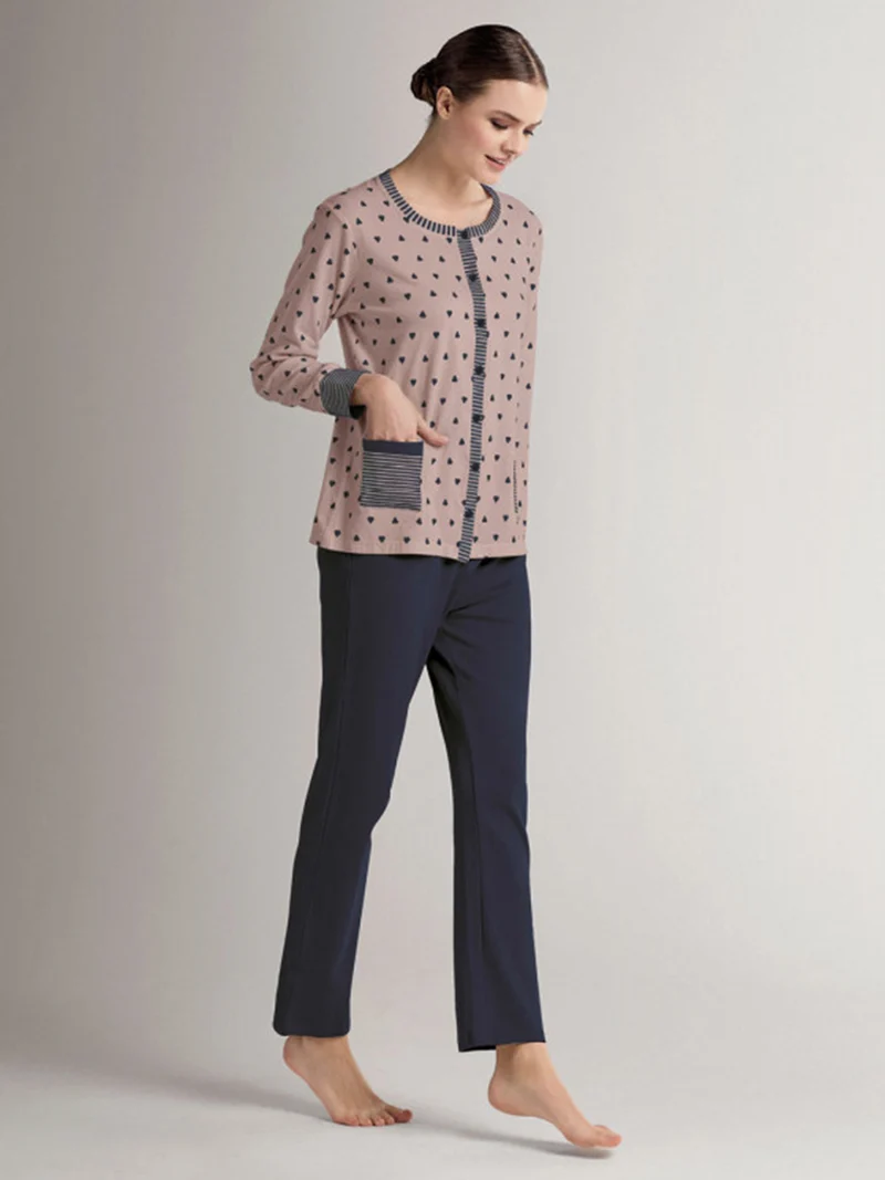 ADORE Pigiama da donna in cotone interlock con stampa cuori e taschino - taupe