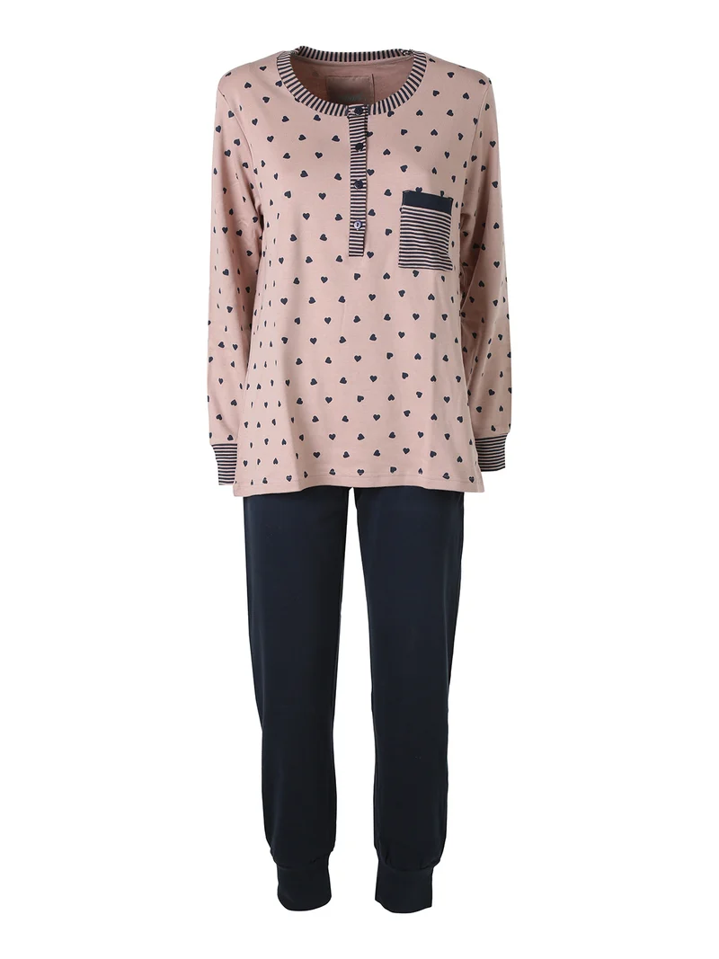 ADORE Pigiama da donna in cotone interlock con stampa cuori e taschino - taupe