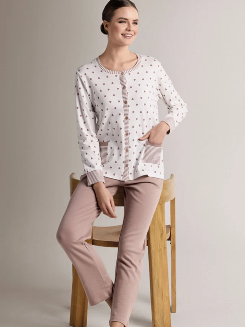 ADORE Pigiama da donna in cotone interlock con stampa cuori e taschino - panna