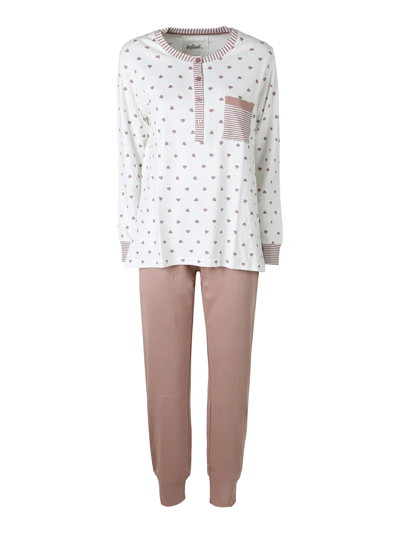 ADORE Pigiama da donna in cotone interlock con stampa cuori e taschino - panna