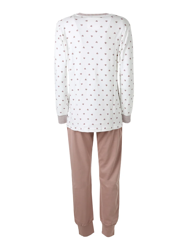ADORE Pigiama da donna in cotone interlock con stampa cuori e taschino - panna