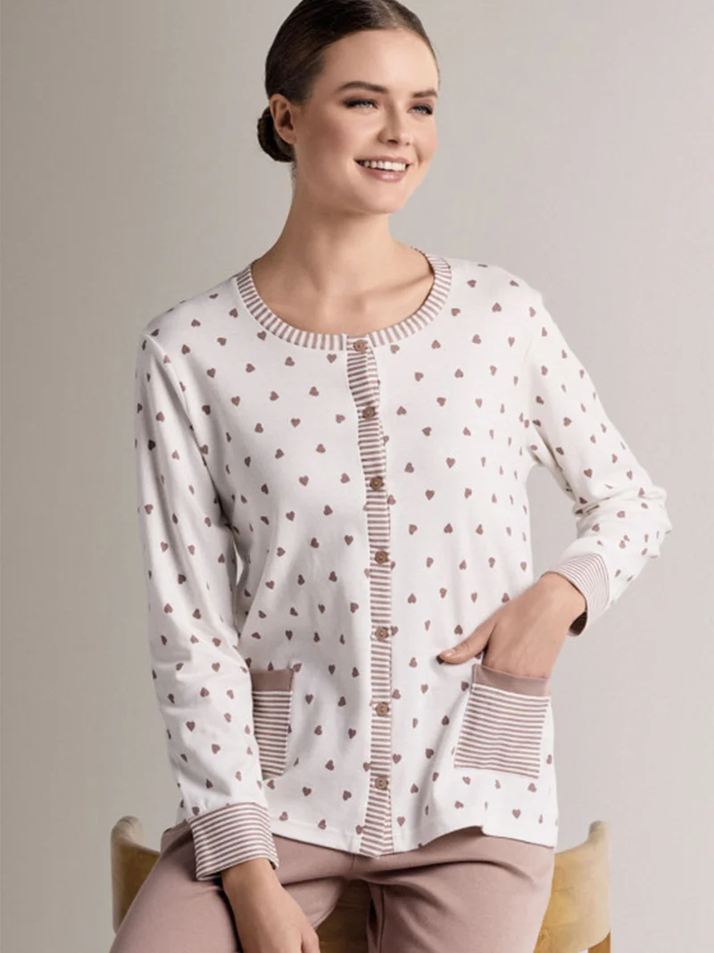 ADORE Pigiama da donna in cotone interlock con stampa cuori e taschino - panna