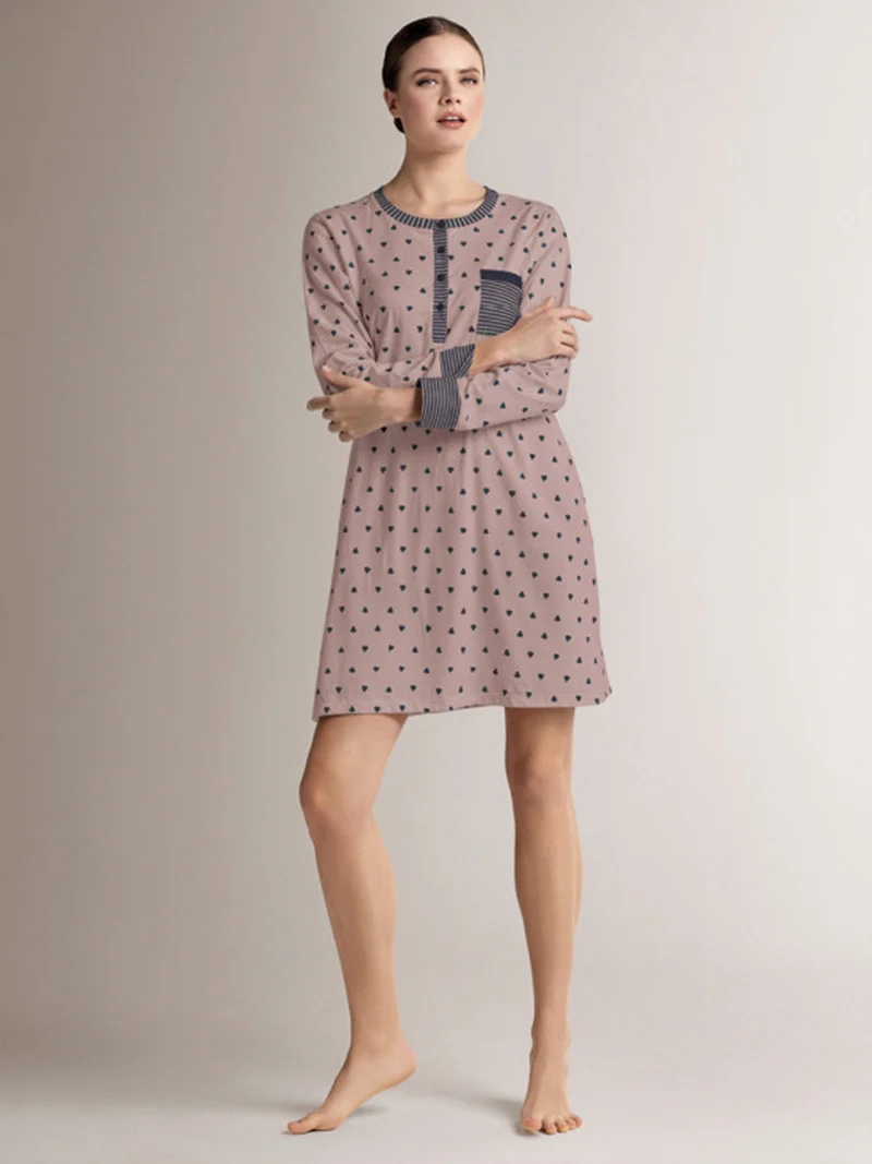 ADORE Camicia da notte donna a maniche lunghe in cotone interlock con stampa a cuori - taupe