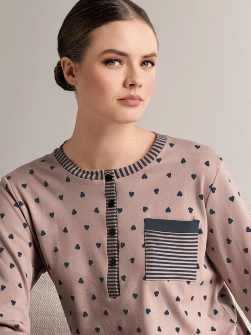 ADORE Camicia da notte donna a maniche lunghe in cotone interlock con stampa a cuori - taupe