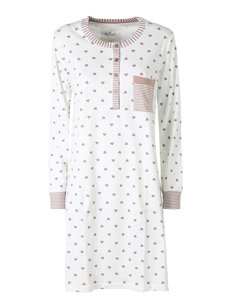 ADORE Camicia da notte donna a maniche lunghe in cotone interlock con stampa a cuori - panna