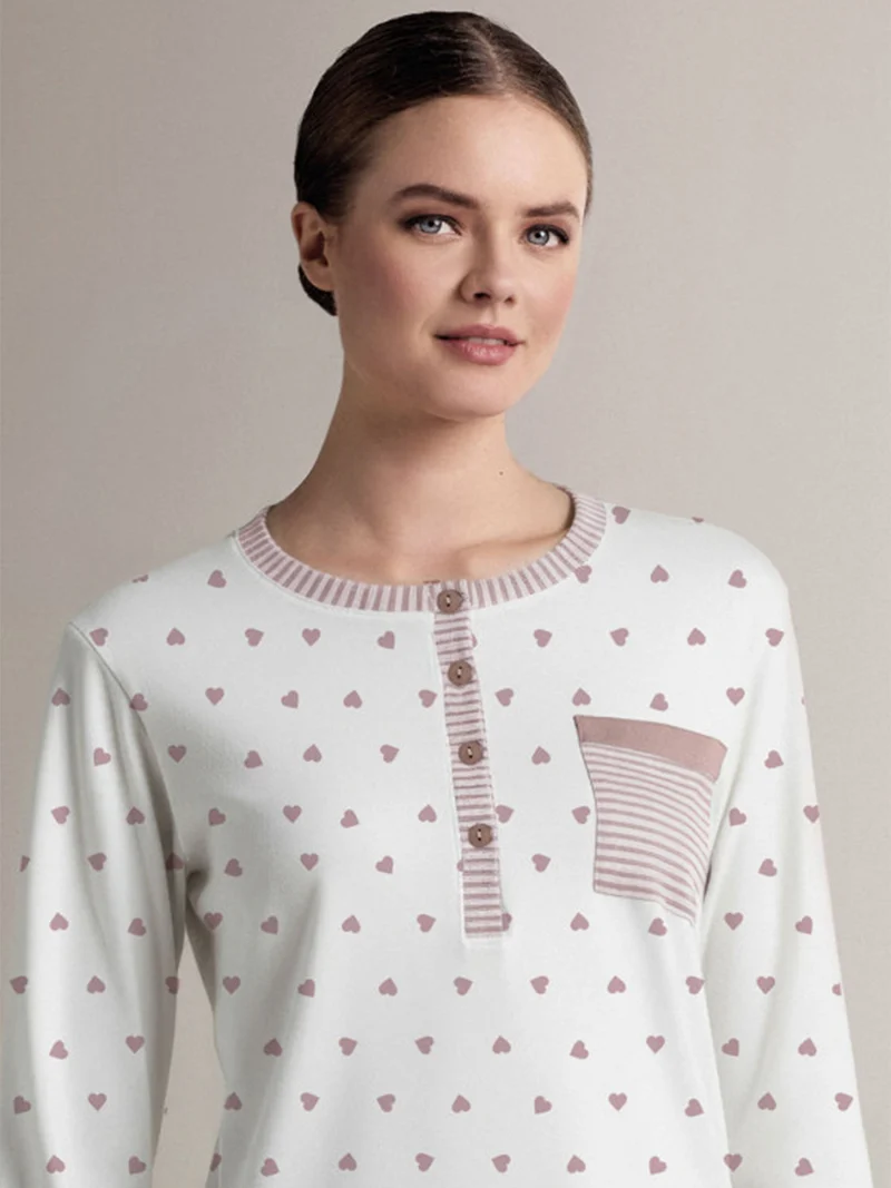 ADORE Camicia da notte donna a maniche lunghe in cotone interlock con stampa a cuori - panna