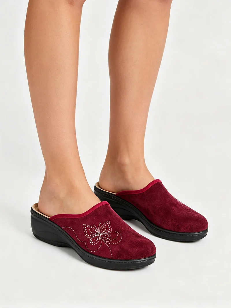 Pantofole donna in velluto con farfalla brillantinata - bordeaux