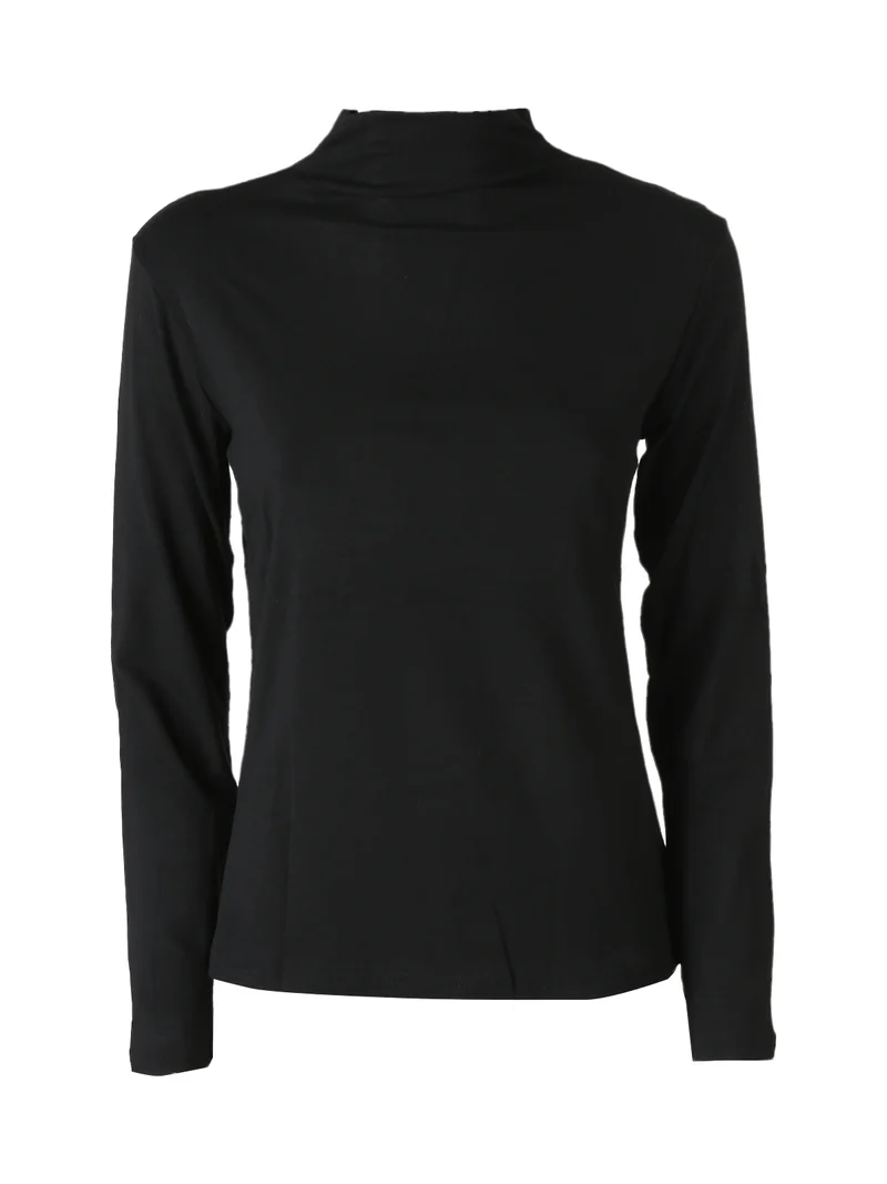 T-shirt donna a maniche lunghe in cotone con collo a lupetto - nero