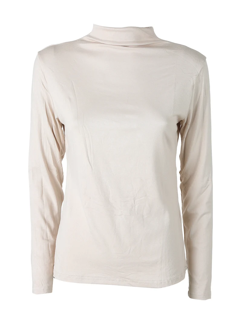 T-shirt donna a maniche lunghe in cotone con collo a lupetto - beige