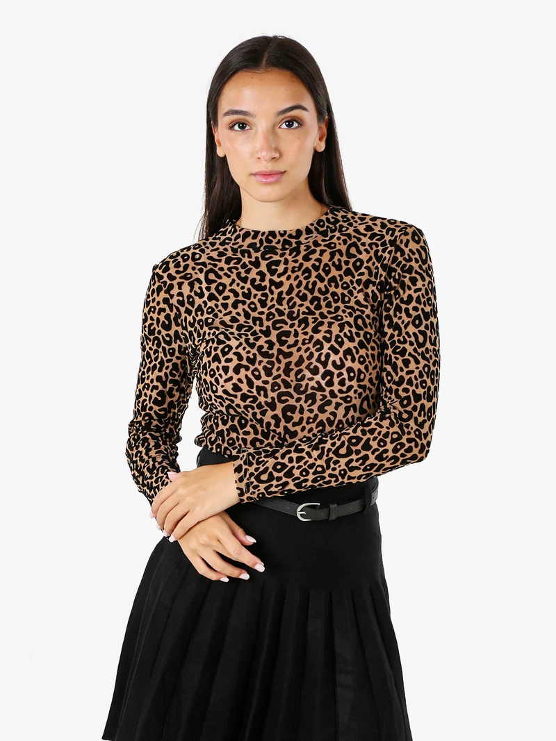 T-shirt donna a maniche lunghe con stampa maculata in velluto - marrone