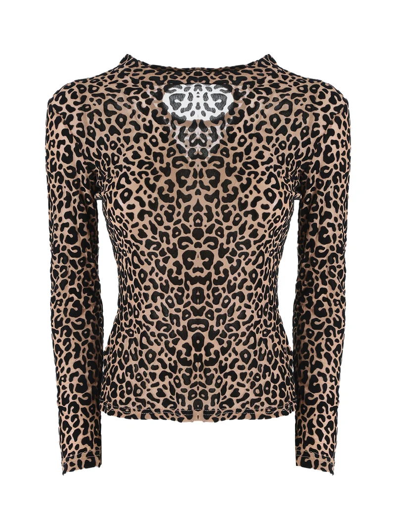 T-shirt donna a maniche lunghe con stampa maculata in velluto - marrone
