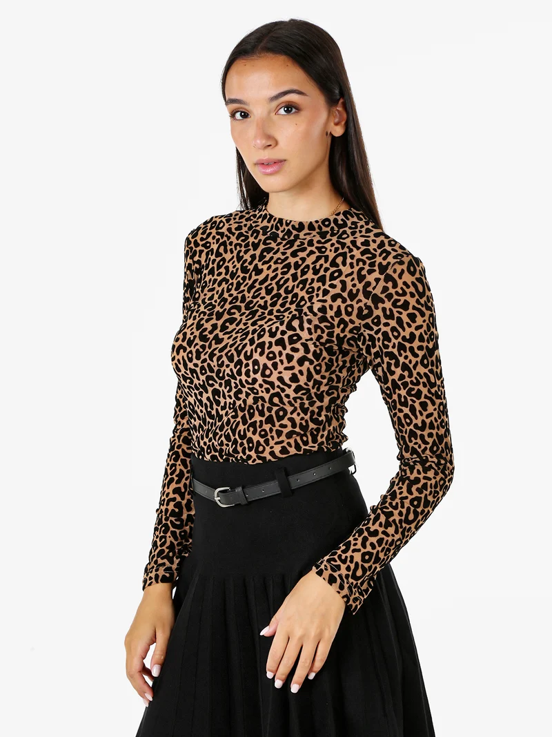 T-shirt donna a maniche lunghe con stampa maculata in velluto - marrone