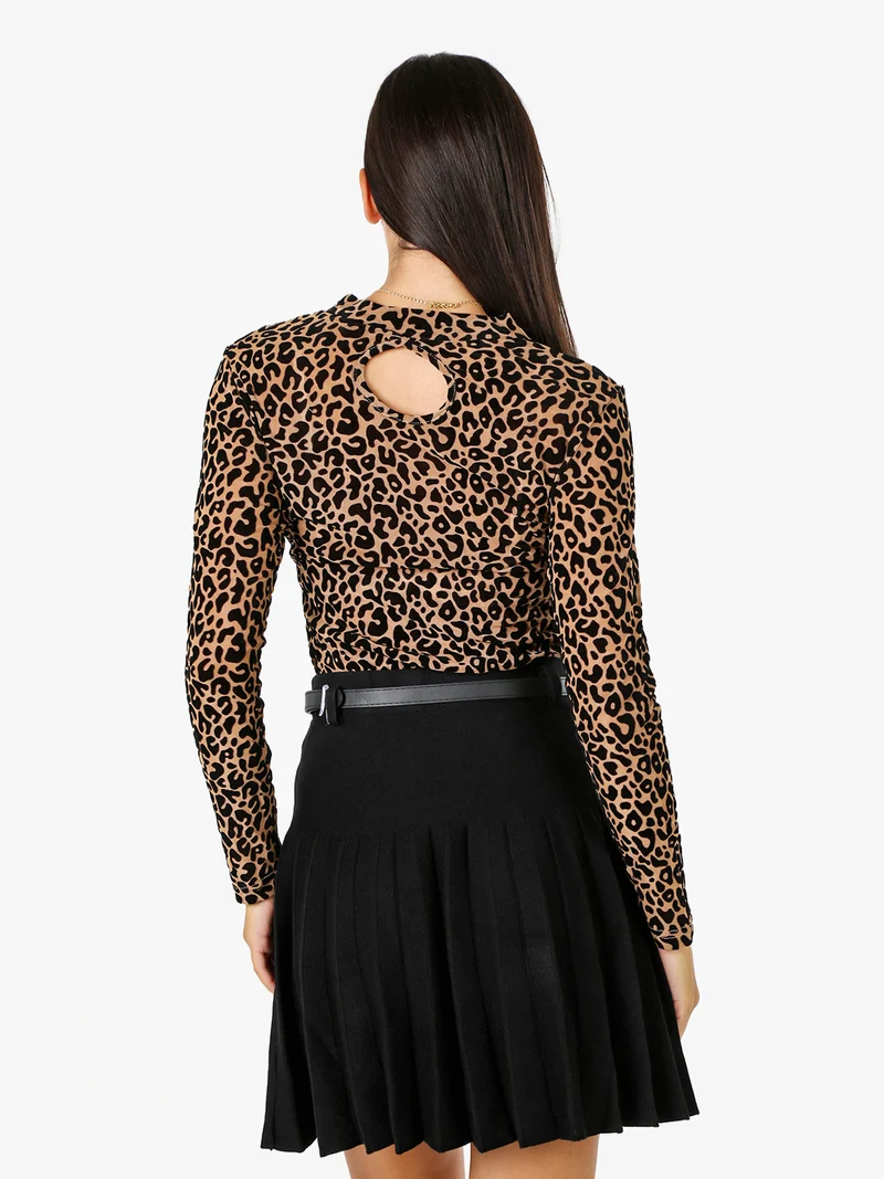 T-shirt donna a maniche lunghe con stampa maculata in velluto - marrone