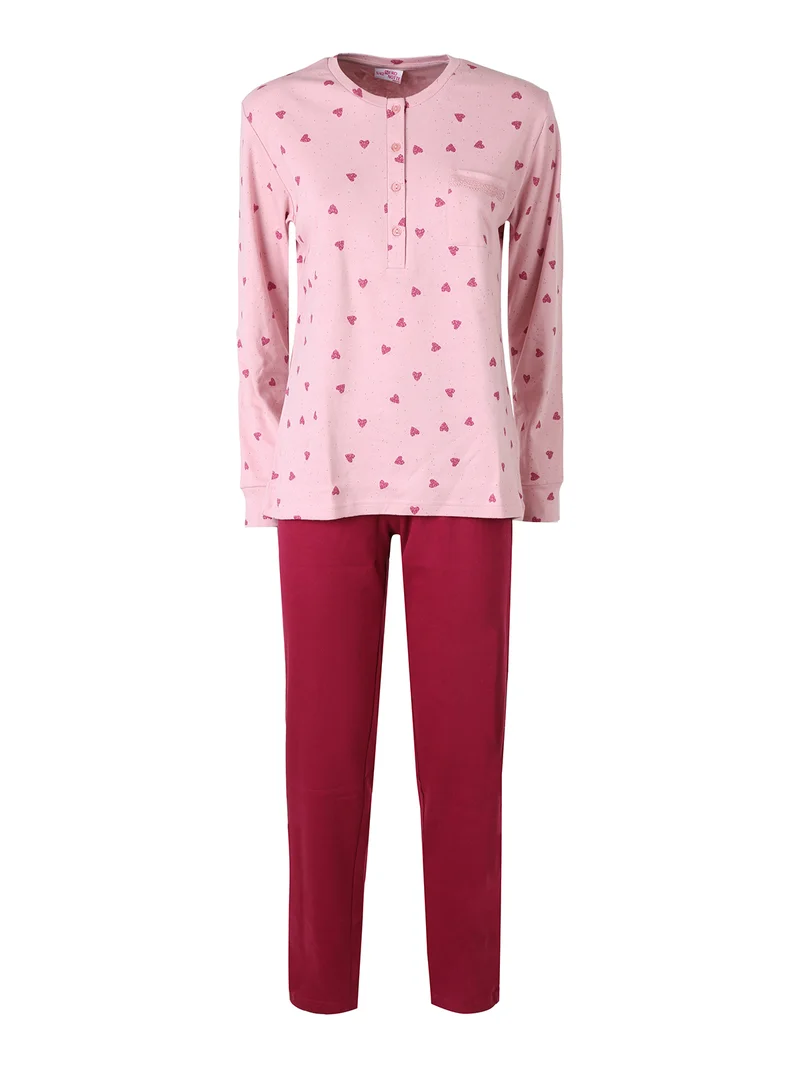 Pigiama lungo da donna in cotone con taschino e stampa cuori - rosa