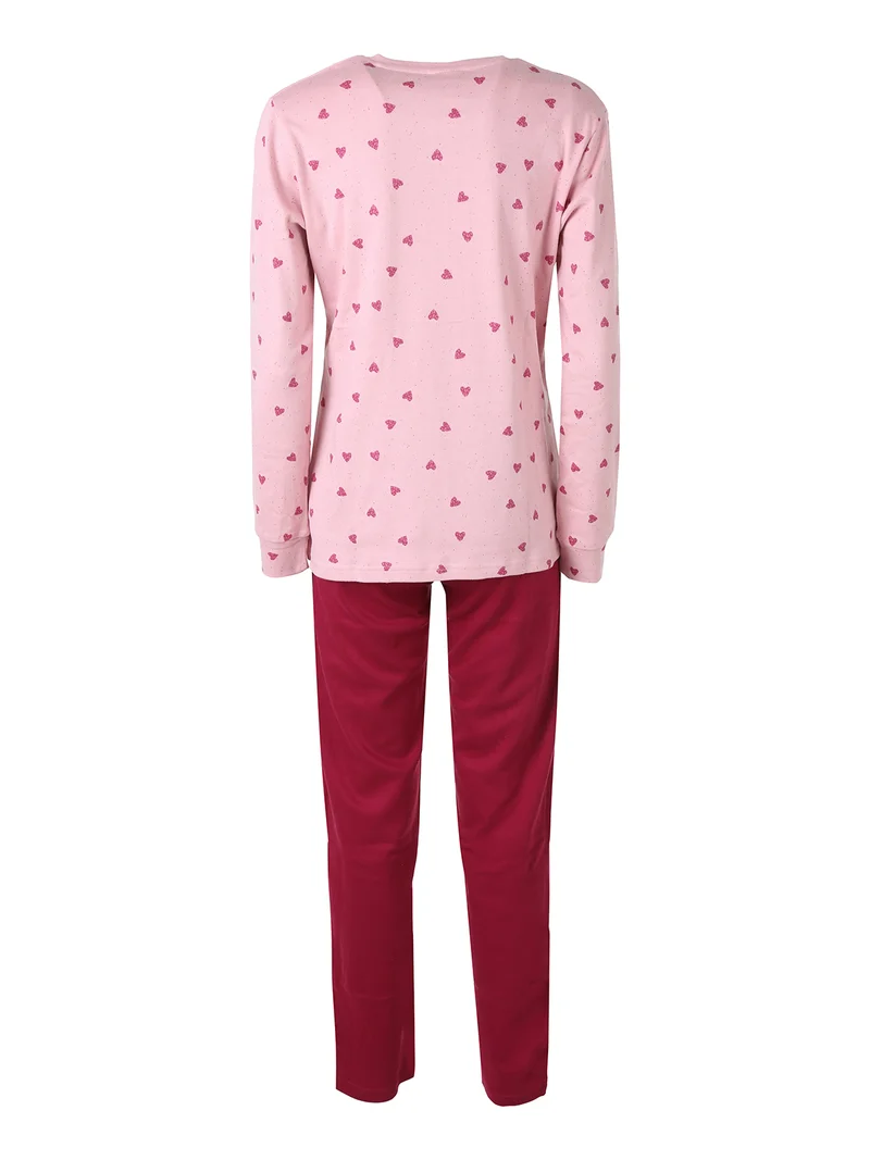Pigiama lungo da donna in cotone con taschino e stampa cuori - rosa