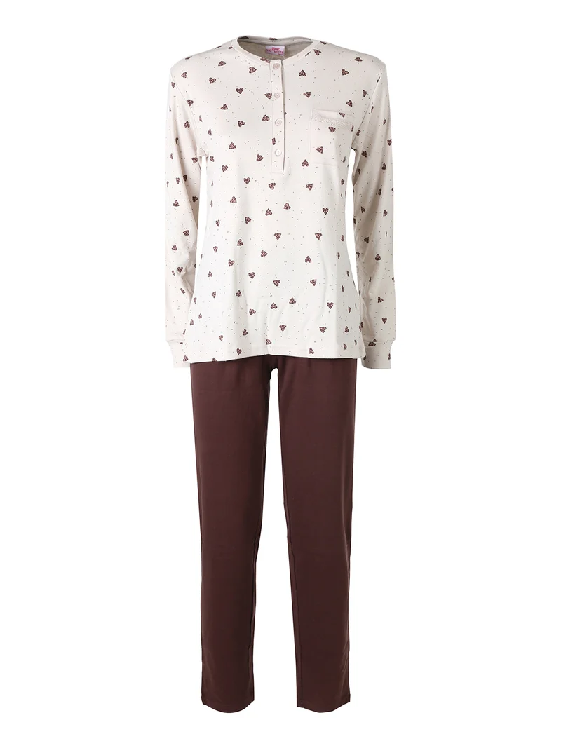 Pigiama lungo da donna in cotone con taschino e stampa cuori - beige