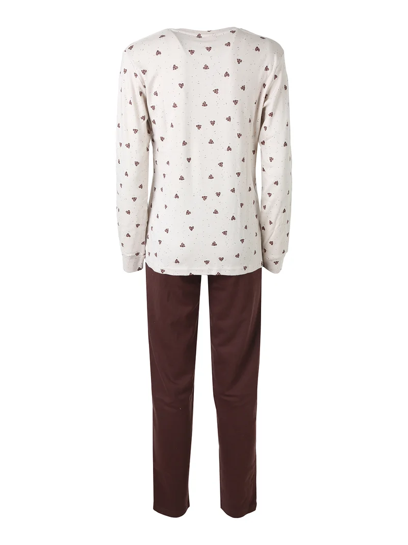 Pigiama lungo da donna in cotone con taschino e stampa cuori - beige