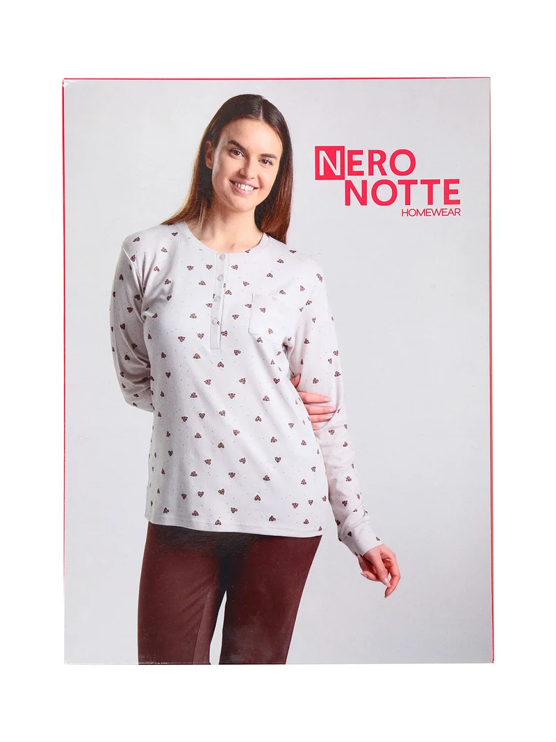 Pigiama lungo da donna in cotone con taschino e stampa cuori - beige
