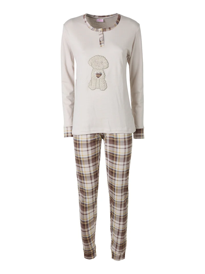 Pigiama lungo da donna con ricamo peluche e pantaloni a quadri - beige