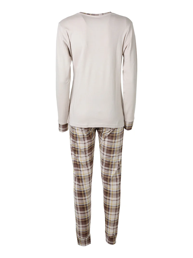 Pigiama lungo da donna con ricamo peluche e pantaloni a quadri - beige
