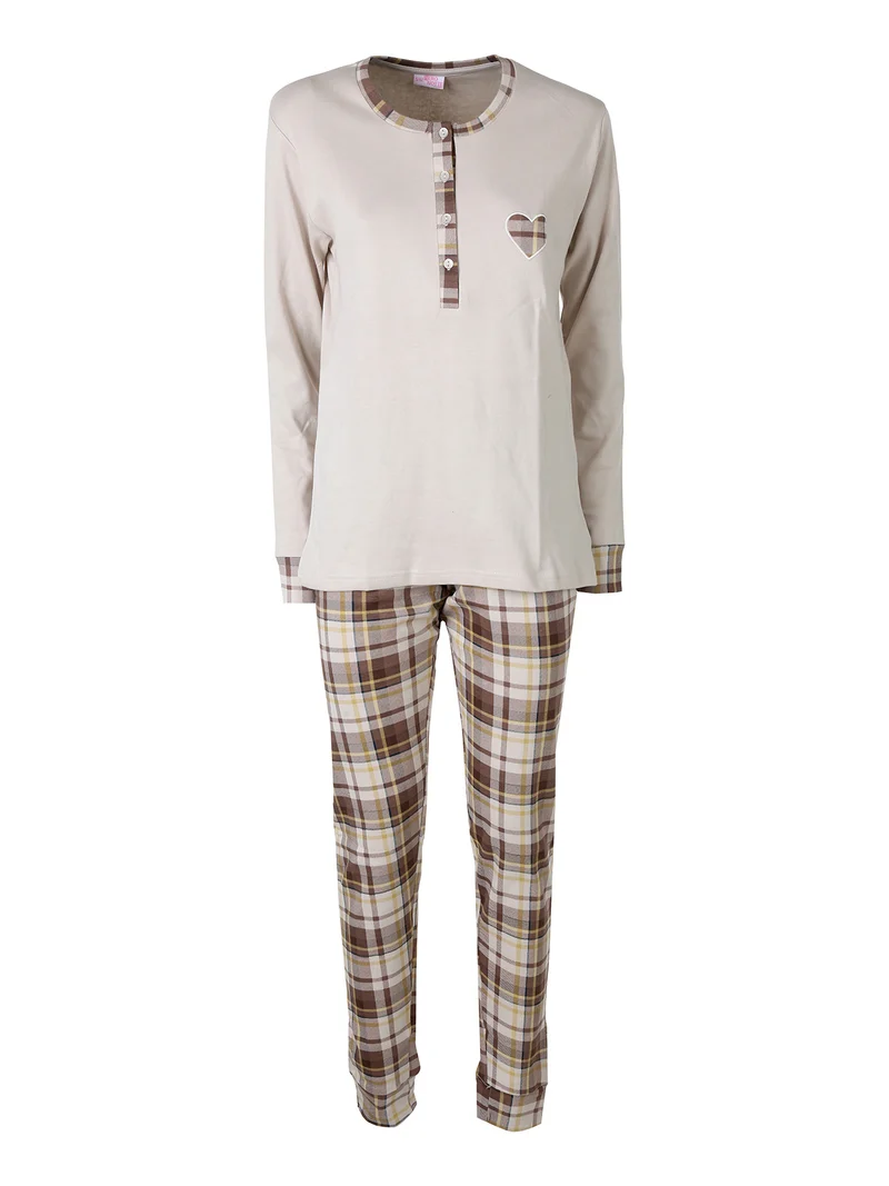Pigiama lungo da donna in cotone con pantaloni e dettagli a quadri - beige
