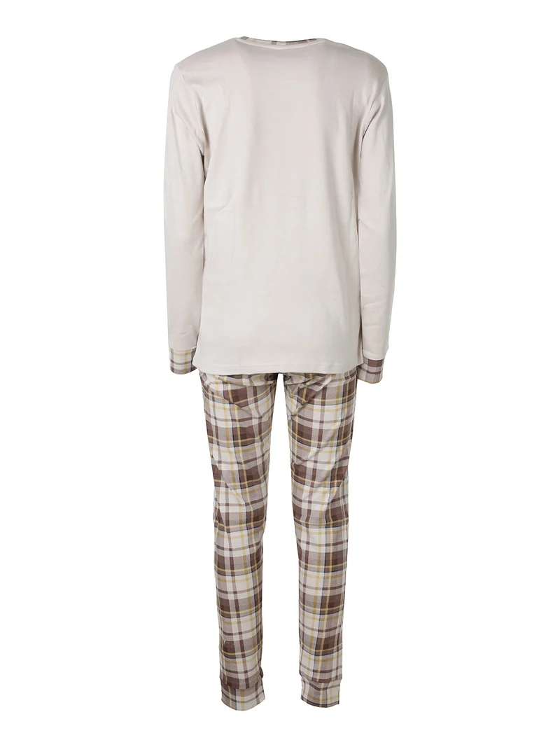 Pigiama lungo da donna in cotone con pantaloni e dettagli a quadri - beige