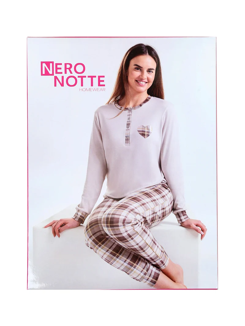 Pigiama lungo da donna in cotone con pantaloni e dettagli a quadri - beige