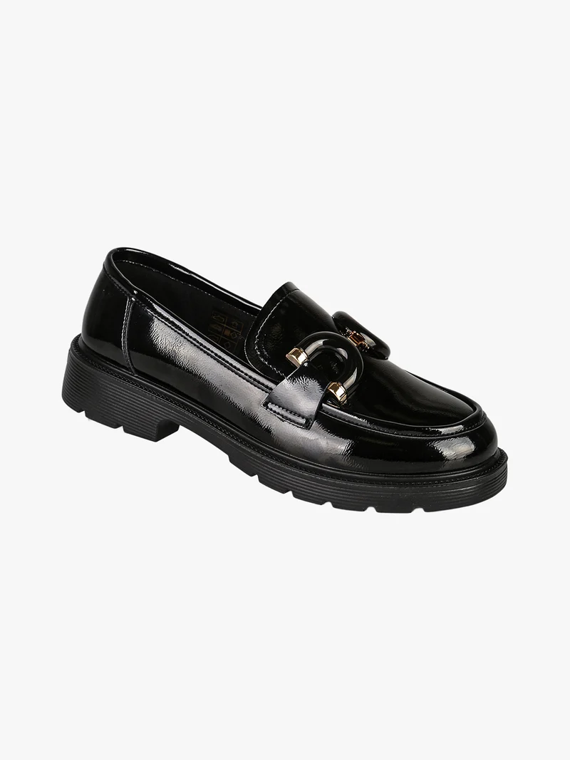 Mocassini donna in pelle lucida con morsetto decorativo - nero