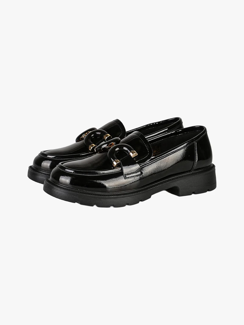 Mocassini donna in pelle lucida con morsetto decorativo - nero