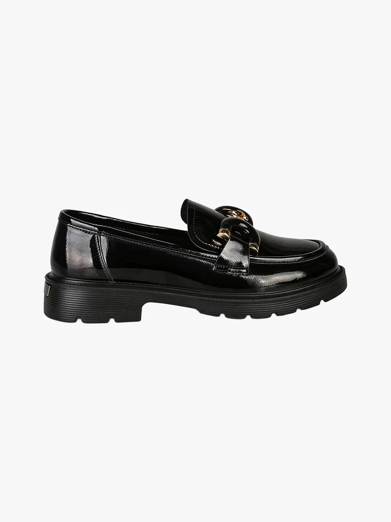 Mocassini donna in pelle lucida con morsetto decorativo - nero