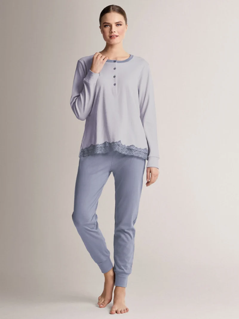 AUDREY Pigiama donna in cotone interlock con dettagli in pizzo taglie grandi - cielo