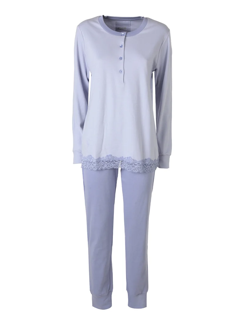 AUDREY Pigiama donna in cotone interlock con dettagli in pizzo taglie grandi - cielo