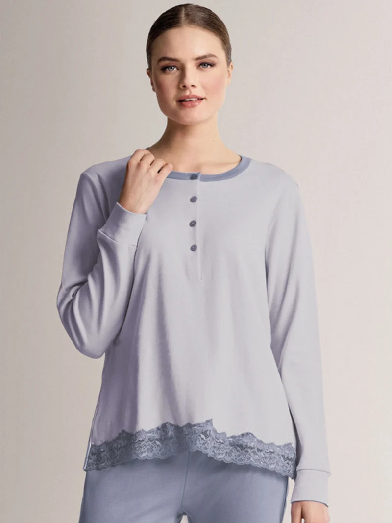 AUDREY Pigiama donna in cotone interlock con dettagli in pizzo taglie grandi - cielo