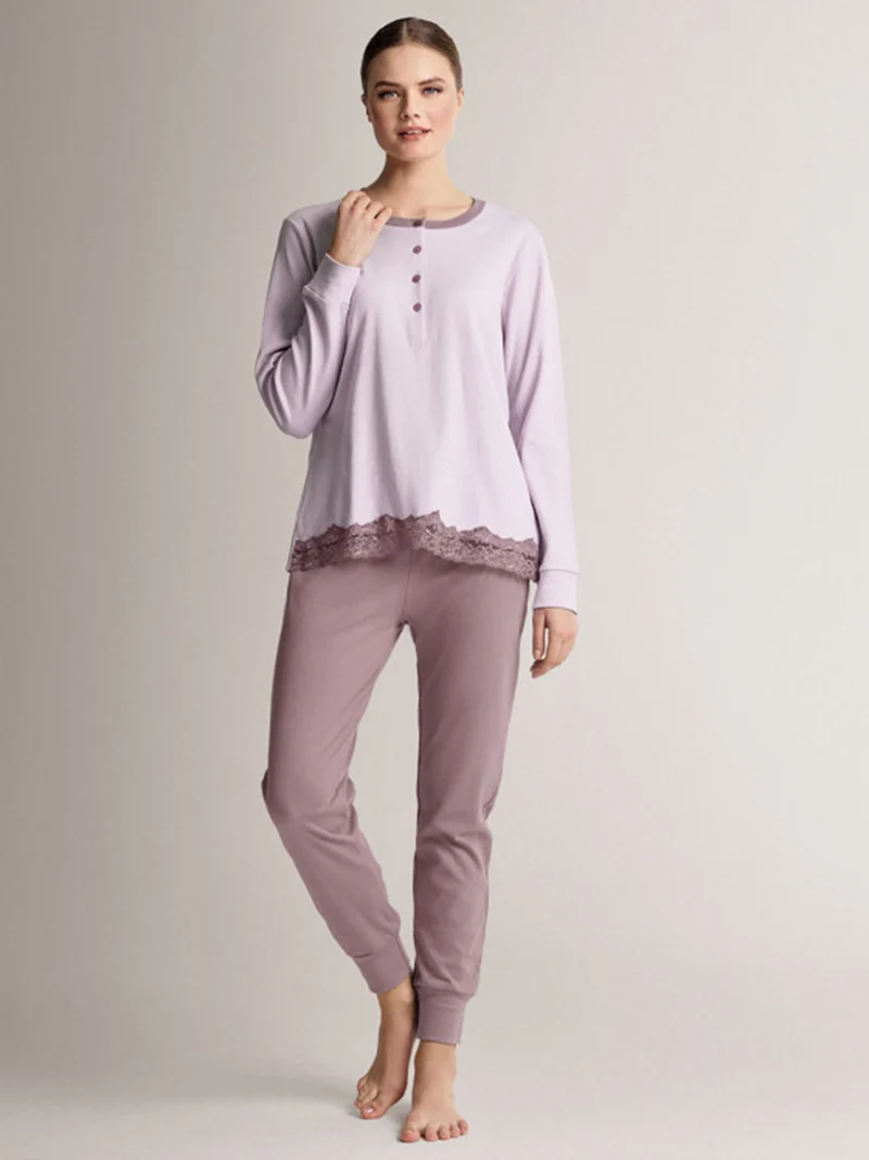 AUDREY Pigiama donna in cotone interlock con dettagli in pizzo - lilla