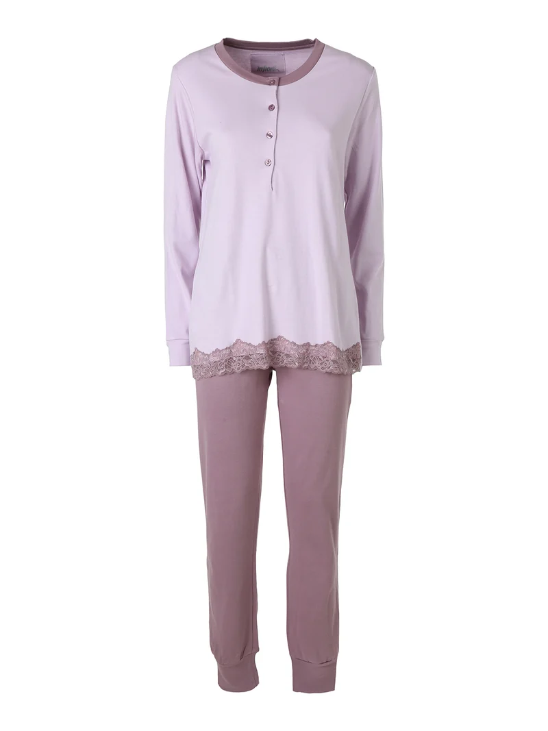 AUDREY Pigiama donna in cotone interlock con dettagli in pizzo - lilla